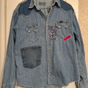 SOLD Vintage Lee Denim Western Shirt Patched Upcycled XL Kapital RRL